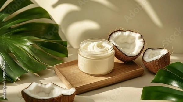 Fototapeta Luxurious coconut cream placed elegantly among fresh coconuts and tropical leaves, perfect for skincare products and relaxation themes.