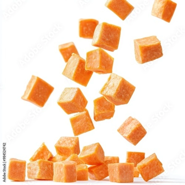 Fototapeta Cubes of sweet potato floating mid-air, isolated on a clean white background.
