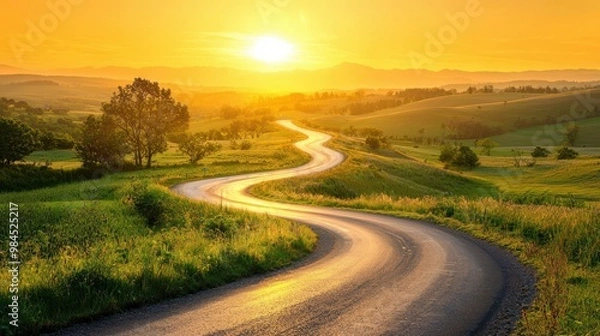 Fototapeta A winding road in a grassy field with a sun setting in the background