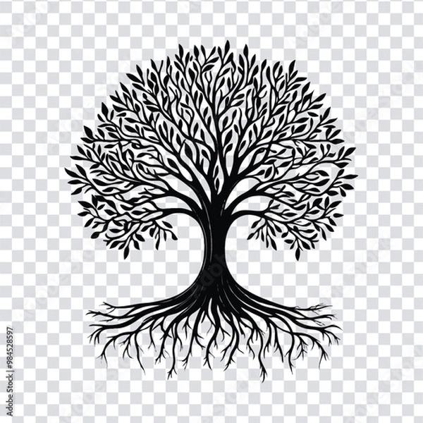 Fototapeta A dynamic vector tree silhouette with visible roots and abstract birds