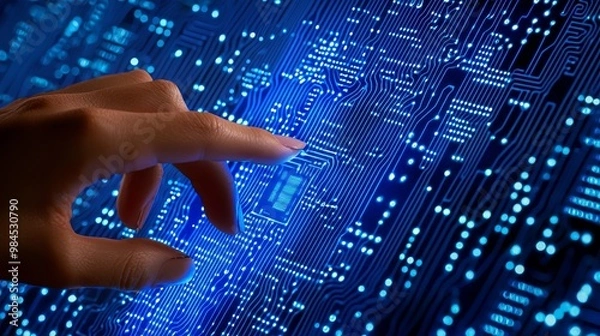 Obraz Hands engage with a futuristic digital interface displaying circuits.