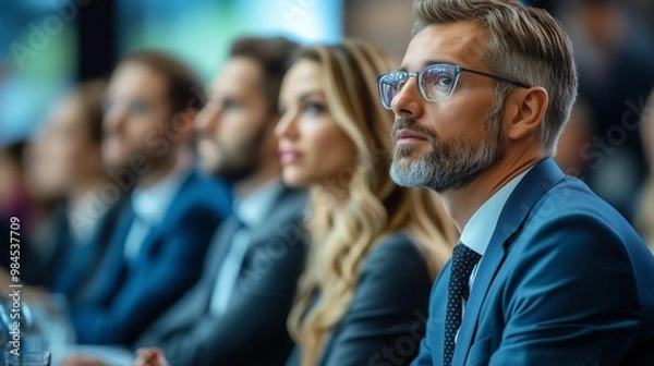 Obraz A group of business people at a conference or meeting, sitting in arow and listening to a presentation. Highlighting the focus and engagement of attendees.