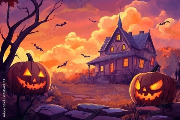 Fototapeta Haunted House with Jack-O-Lanterns at Dusk
