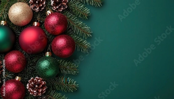 Fototapeta Christmas backdrop with festive decorations featuring a red and green theme, creating a classic holiday atmosphere