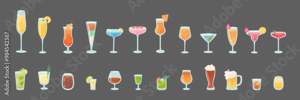 Obraz Glasses of alcohol cocktails set vector illustration. Cartoon drinks isolated on black background. Celebration with toasts and cheering. Party time. Summer beach. Beverage menu.