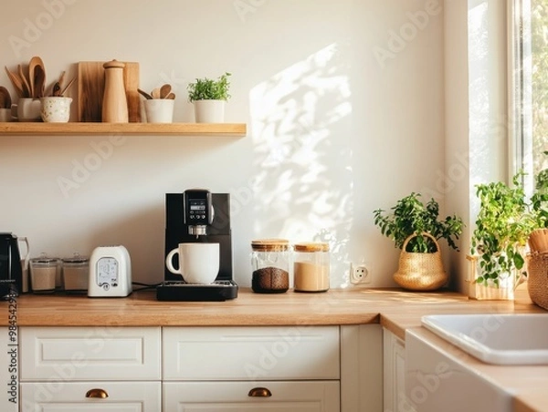 Fototapeta A stylish kitchen interior featuring a coffee machine, plants, and wooden accents, creating a warm and inviting atmosphere.