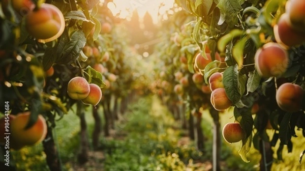 Fototapeta Peach Orchard in the Golden Hour