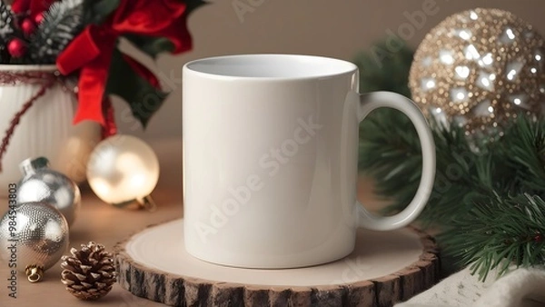 Fototapeta white ceramic coffee mug mock up for Christmas and new year. Minimal template