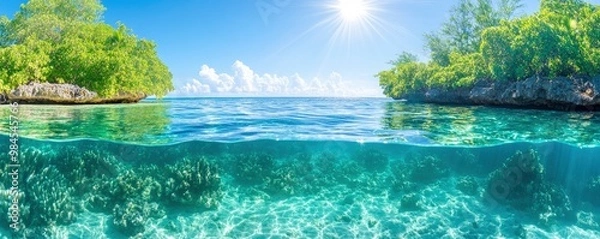 Obraz Beautiful underwater view with coral reefs and sun shining on water
