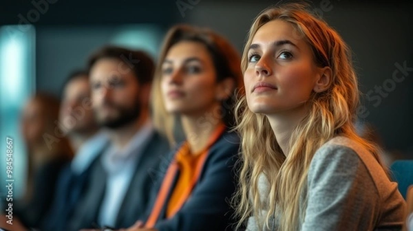 Obraz A group of business people at a conference or meeting, sitting in arow and listening to a presentation. Highlighting the focus and engagement of attendees.