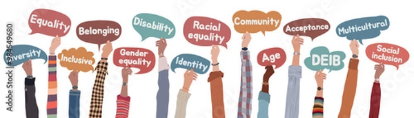Fototapeta Isolated raised hands of people from diverse cultures holding speech bubbles with words expressing DEIB - diversity - equality - inclusion - belonging concept