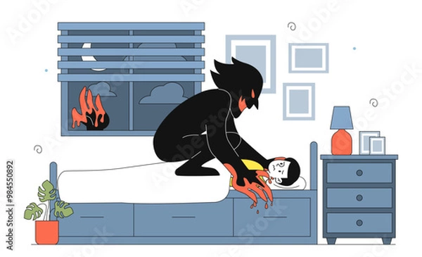 Fototapeta Boy with sleep paralysis. Young guy woke up and couldnt move on his bed. Negative feelings and movements, mental and psychological disorders. Linear vector illustration