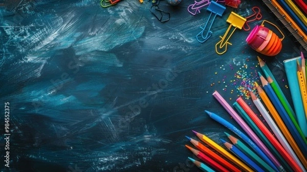 Fototapeta Top view of colorful stationery on blackboard background with copy space for back to school and education concepts