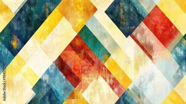 Fototapeta Luxury Geometric Stripe Pattern with Gold Blue Yellow Red and Green Tones Abstract Hand Painted Watercolor Design with Grunge Elements