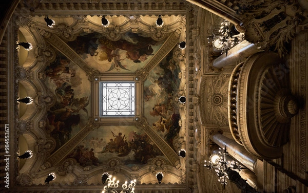 Fototapeta Paris, France - 09, 26, 2024 : top view of the central part of the ceiling of the Opera Garnier, Isidore-Alexandre Pils, ceiling of the Grand Staircase, 1869-74.