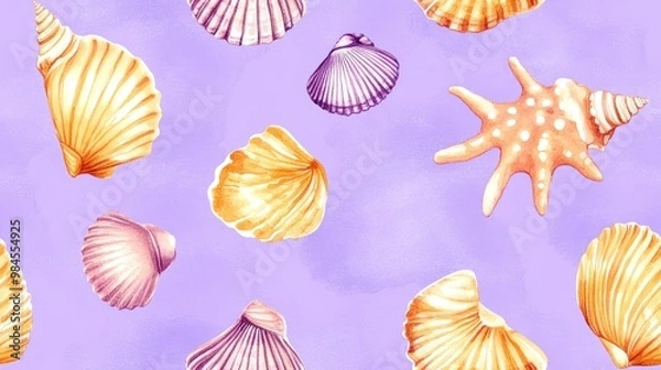 Fototapeta Seamless watercolor pattern featuring sea shells on a violet backdrop