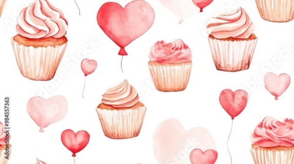 Fototapeta Watercolor romantic pattern featuring cupcakes and heart balloons Seamless digital paper design