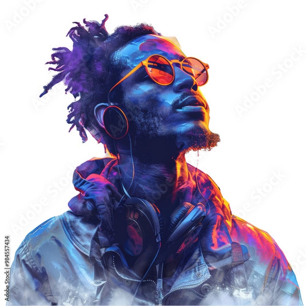 Obraz A portrait of a man wearing headphones and sunglasses with a colorful abstract background.