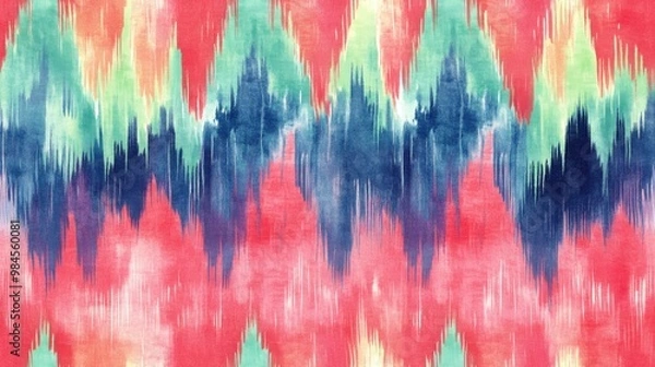 Fototapeta Boho Watercolor Pattern in Red Green Blue and Indigo Seamless Abstract Ikat Texture with Repeat Tie Dye Design Hand Drawn African Ikat Motif