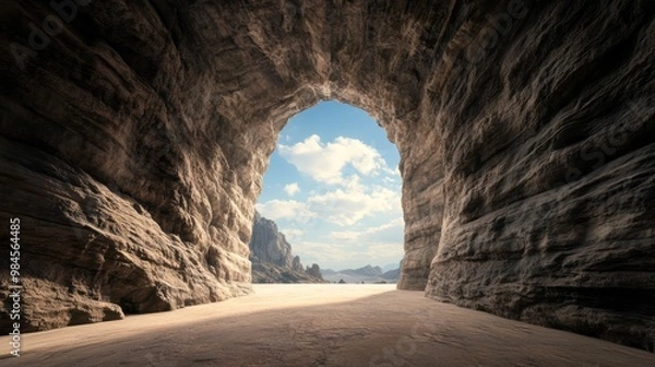 Fototapeta Breathtaking view of a rocky cave opening, revealing a serene beach and bright sky, ideal for nature and travel themes.