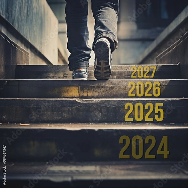 Fototapeta A businessman ascends a ladder marked with 2024 until 2027, signifying readiness for the new year or future. Generative AI.