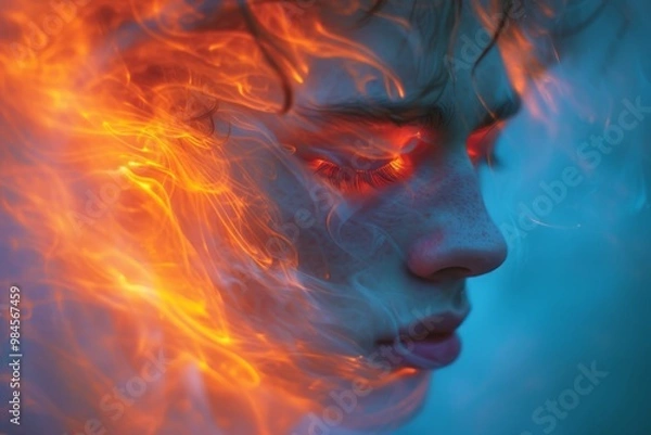 Fototapeta Surreal portraits of man with fiery light effects and blue hues, blending vibrant colors and ethereal elements