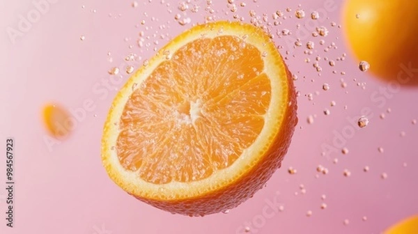 Fototapeta A juicy orange slice falling through the air on a pastel pink background, with droplets of juice suspended.
