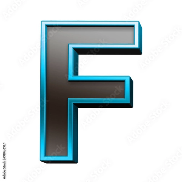 Fototapeta One letter from black with blue shiny frame alphabet set, isolated on white. Computer generated 3D photo rendering.