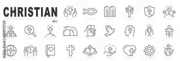 Fototapeta Set of christian related line icon set. Cross, bible, christmas, easter, dove etc. Editable stroke