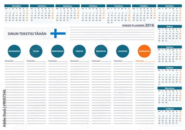 Fototapeta 2016 Finland Week Planner Calendar Vector Design Template 2