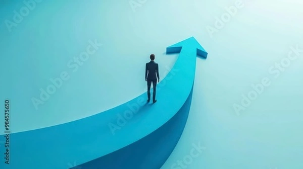 Fototapeta A person walks up the arrow on a light blue background, symbolizing career growth and success
