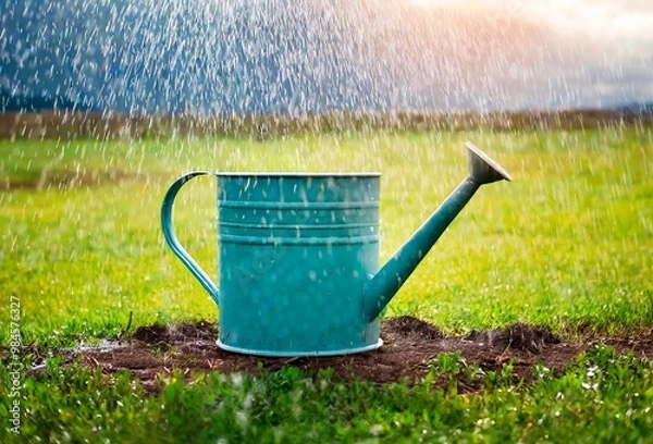 Fototapeta arrosoir sous la pluie, récupération de l'eau, concept du changement climatique