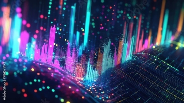 Fototapeta A photo of a futuristic digital graph in a holographic display, with bright neon colors representing data points and trends, emphasizing innovation in data analysis.