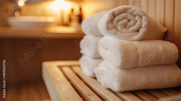 Fototapeta A stack of neatly rolled white towels on a wooden bench in a serene, spa-like environment.