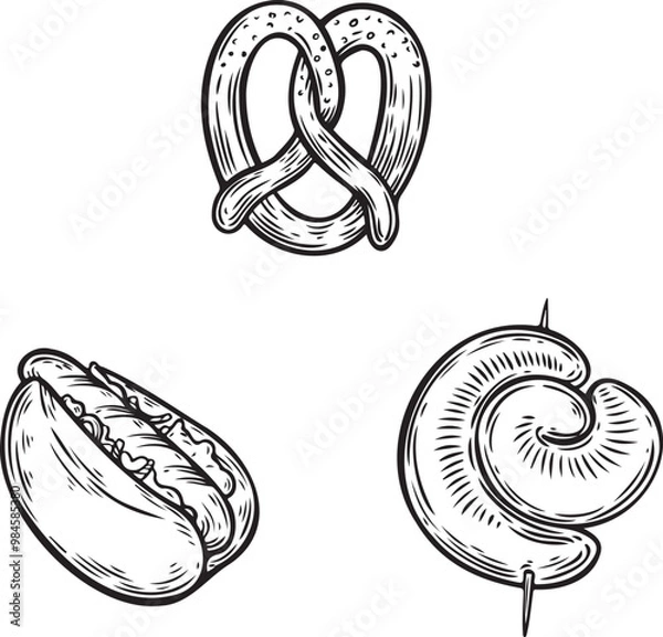 Obraz German street food, bratwurst, pretzel, hotdog line drawing vector illustration.
