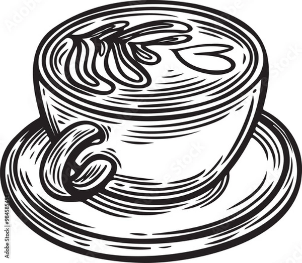 Obraz Line drawing vector coffee cup with latte art isolated on white background.