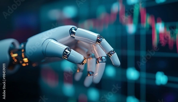 Fototapeta Futuristic robotic hand interacting with digital data graphs, symbolizing technology, finance, and innovation in modern industries.