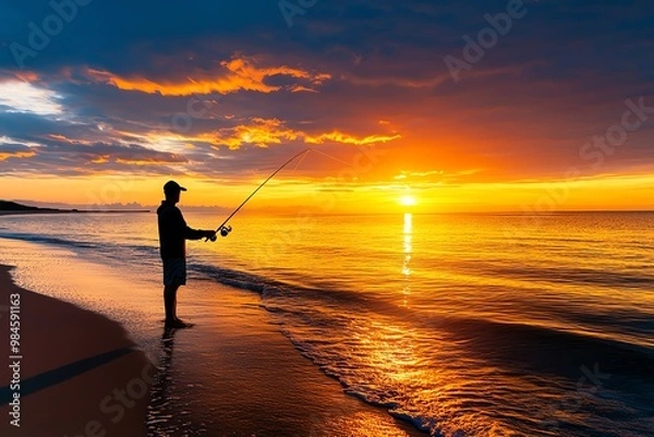 Fototapeta A fisherman casting his line from the shore, with the golden light of sunrise casting a warm glow over the beach