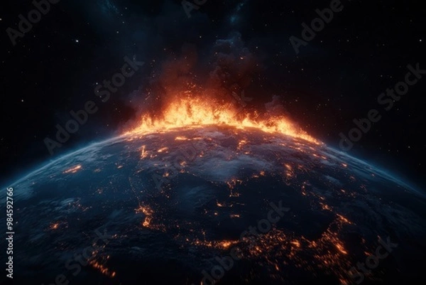 Fototapeta A panoramic view of continents on Earth engulfed in flames and smoke as seen from outer space, emphasizing the planetary scale of an apocalyptic event engulfing multiple regions.