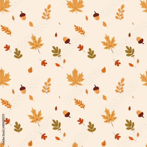 Obraz A simple fall pattern in a flat style with colorful leaves and fall details arranged in a repeating design. Background for textile, fabric, cotton fabric, covers, wallpaper, print, gift wrapping.