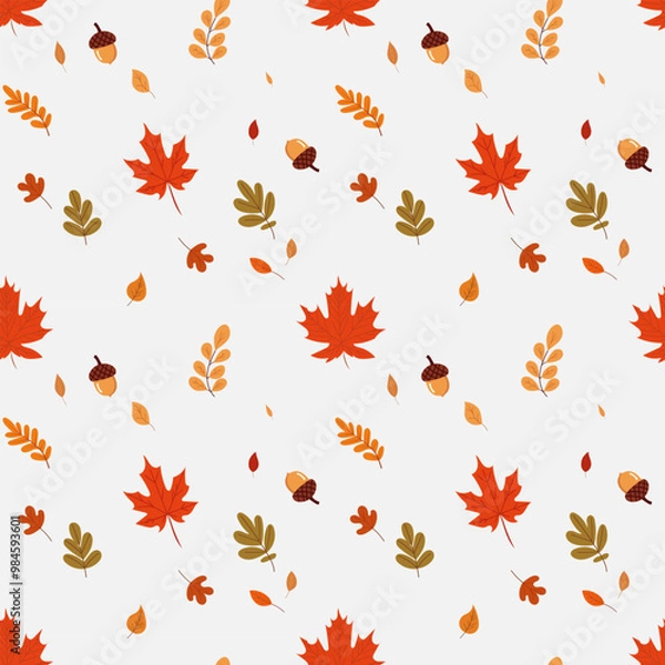 Fototapeta A simple fall pattern in a flat style with colorful leaves and fall details arranged in a repeating design. Background for textile, fabric, cotton fabric, covers, wallpaper, print, gift wrapping.