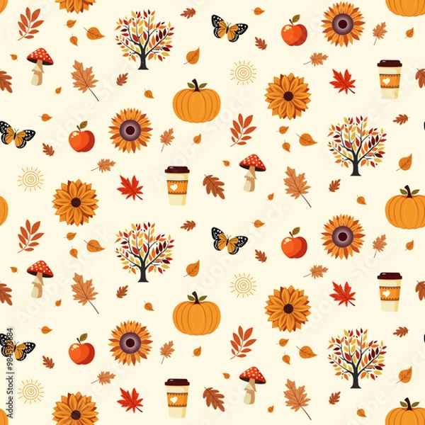 Fototapeta A simple autumn pattern in flat style featuring colorful leaves arranged in a repeating design.Background for textiles, fabrics, cotton fabric, covers, wallpaper, print, gift wrapping, postcard.Not II