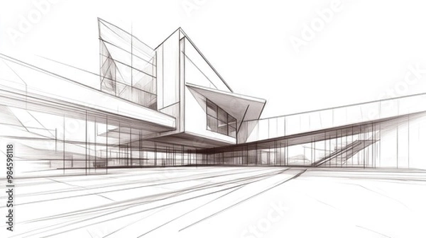Fototapeta Line art illustration of contemporary architectural design featuring a three dimensional perspective