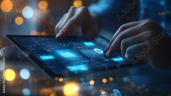 Fototapeta Close-up of hands interacting with web pages on a tablet.