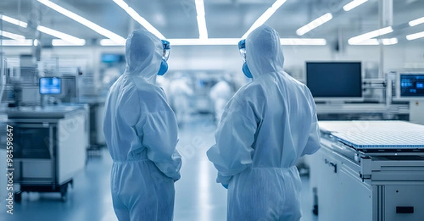 Fototapeta Futuristic lab scene, duo in hazmat suits at work amidst tech.