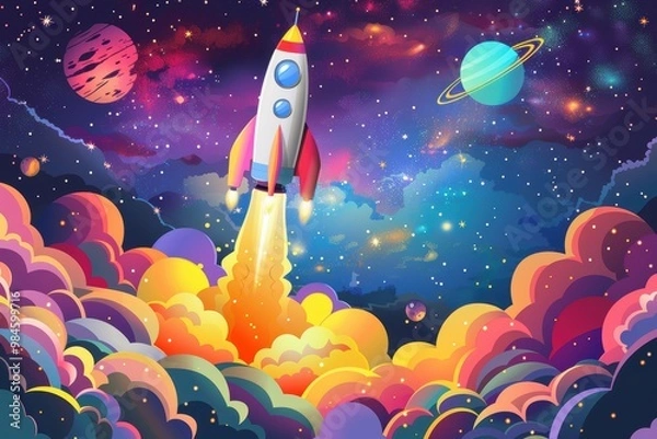 Fototapeta A colorful space scene with a rocket flying through a cloud of colorful smoke