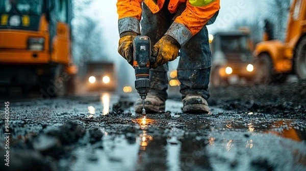 Obraz Construction Worker Using a Drill on a Wet Road
