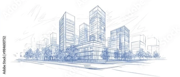 Fototapeta Line art illustration showcasing architectural buildings in a 3D sketch format