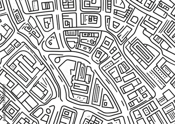 Fototapeta Line art illustration of a street map on a white background Top flat view featuring intricate linework and design details