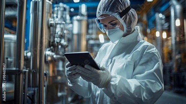 Obraz A worker in a sterile lab suit uses a tablet to monitor industrial equipment.